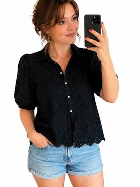 87Z.From 🇮🇹 Italy Eyelet Button-Front Puff Sleeve Top  cotton